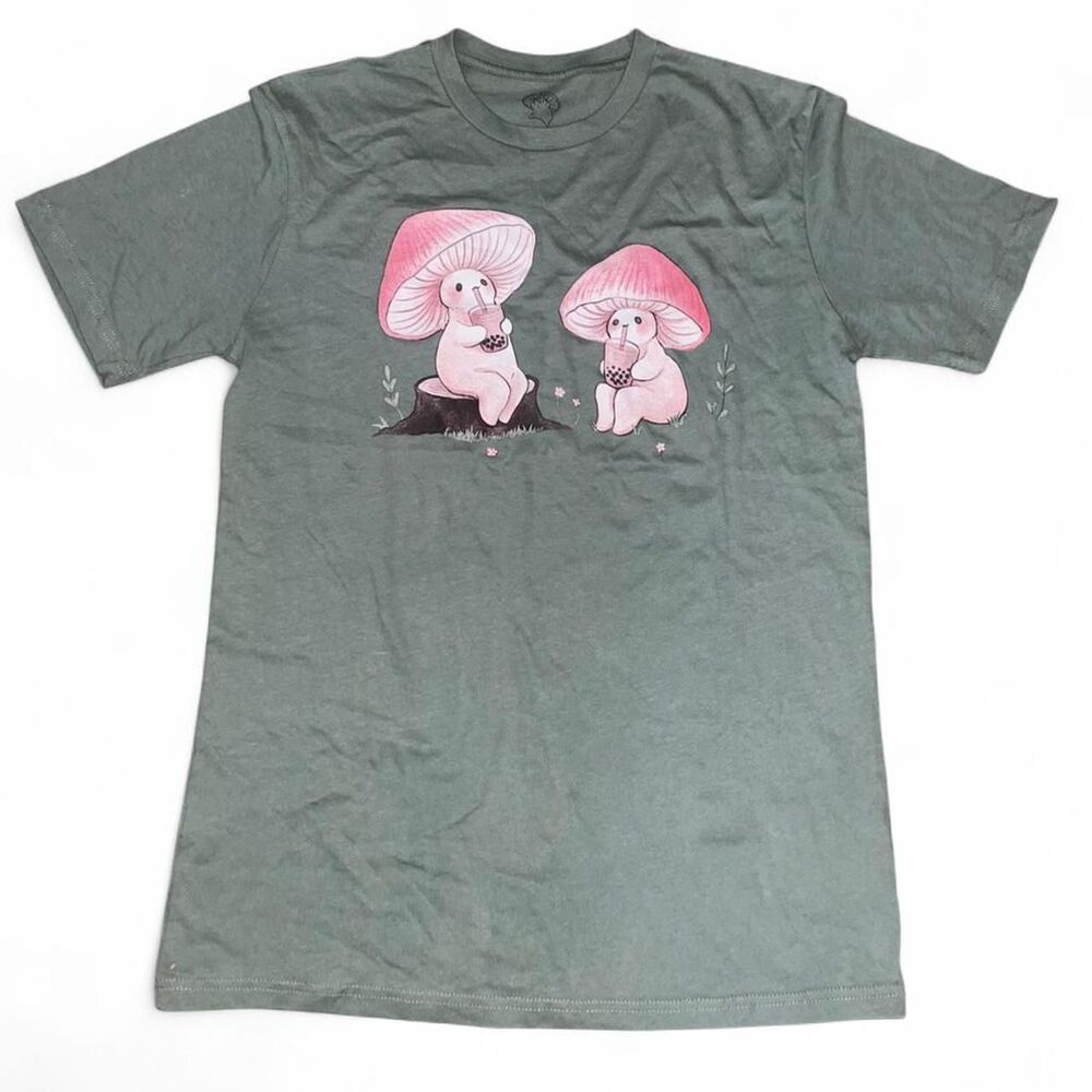 Fairy Drop Art Women's Sage Green "Mushroom Tea Time" Tshirt SZ S